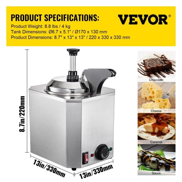 Food Display & Merchandising Equipment | Cheese Dispenser with Pump, 2.6 Qt Capacity Cheese Warmer, Stainless Steel Hot Fudge Warmer with Pump 650W Cheese Dispenser, 30-110℃ Temp Adjustable, for Hot Fudge Cheese Caramel Food Display & Merchandising Equipment Food Display & Merchandising Equipment