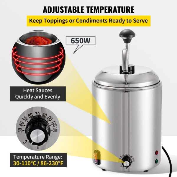 Food Display & Merchandising Equipment | Cheese Dispenser with Pump 2.64 Qt Capacity Hot Fudge Warmer with Pump 110 V 650W Cheese Warmer Stainless Steel Cheese Dispenser with Pump 30-110℃ Temp Adjustable for Hot Fudge Cheese Caramel Food Display & Merchandising Equipment Food Display & Merchandising Equipment