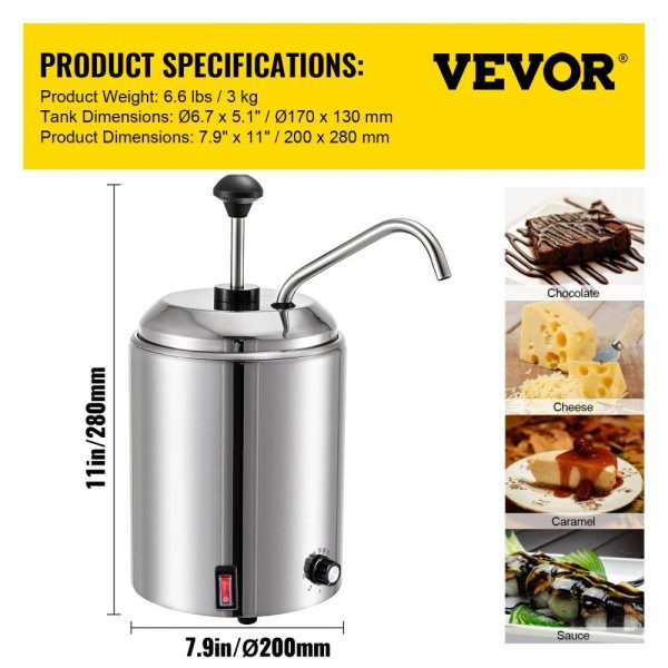 Food Display & Merchandising Equipment | Cheese Dispenser with Pump 2.64 Qt Capacity Hot Fudge Warmer with Pump 110 V 650W Cheese Warmer Stainless Steel Cheese Dispenser with Pump 30-110℃ Temp Adjustable for Hot Fudge Cheese Caramel Food Display & Merchandising Equipment Food Display & Merchandising Equipment