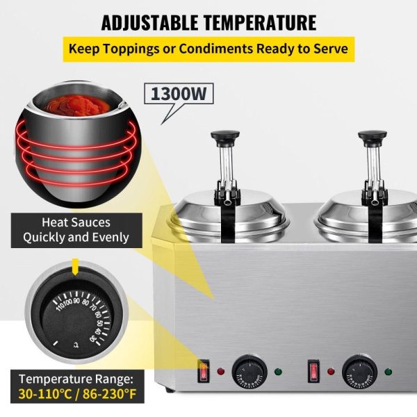 Food Display & Merchandising Equipment | Cheese Warmer with Pump, 5.28 Qt Capacity Cheese Dispenser Hot Fudge Warmer, Dual Head Spout Heater 1300 W Cheese Warmer Dispenser, 30-110℃ Temp Adjustable 110 V Heated Pump Dispenser Food Display & Merchandising Equipment Food Display & Merchandising Equipment