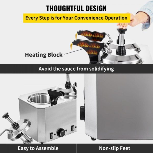 Food Display & Merchandising Equipment | Cheese Warmer with Pump, 5.28 Qt Capacity Cheese Dispenser Hot Fudge Warmer, Dual Head Spout Heater 1300 W Cheese Warmer Dispenser, 30-110℃ Temp Adjustable 110 V Heated Pump Dispenser Food Display & Merchandising Equipment Food Display & Merchandising Equipment