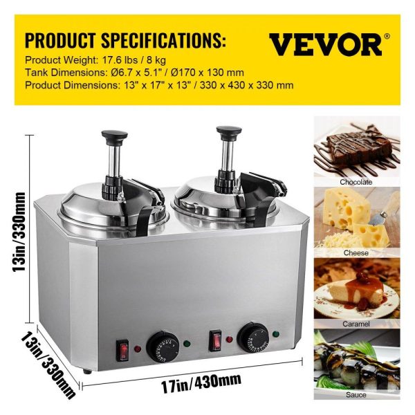 Food Display & Merchandising Equipment | Cheese Warmer with Pump, 5.28 Qt Capacity Cheese Dispenser Hot Fudge Warmer, Dual Head Spout Heater 1300 W Cheese Warmer Dispenser, 30-110℃ Temp Adjustable 110 V Heated Pump Dispenser Food Display & Merchandising Equipment Food Display & Merchandising Equipment