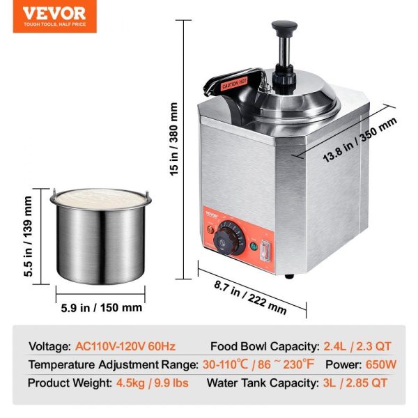 Food Display & Merchandising Equipment | Electric Cheese Dispenser with Pump, 2.3 Qt Commercial Hot Fudge Warmer, Stainless Steel Heated Pump Dispenser, 86-230℉ Temp Adjustable Nacho Cheese Sauce Warmer, for Hot Fudge Cheese Caramel Food Display & Merchandising Equipment Food Display & Merchandising Equipment