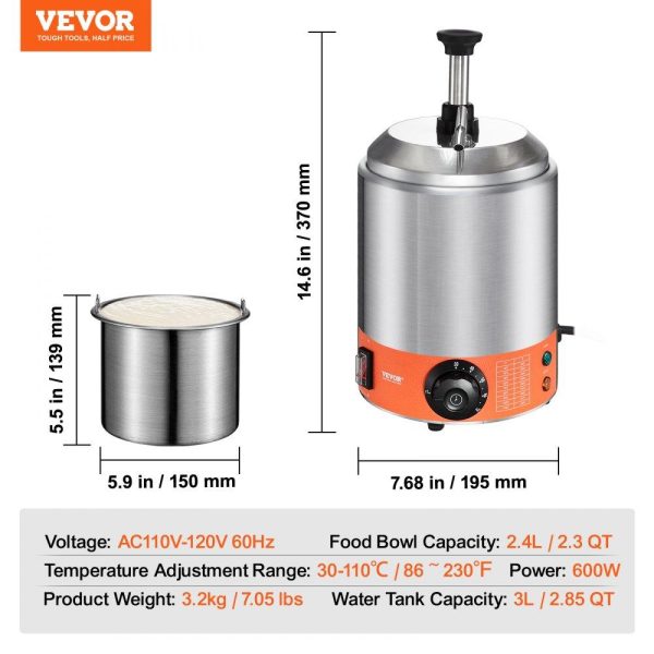 Food Display & Merchandising Equipment | Electric Cheese Dispenser with Pump, 2.3 Qt Commercial Hot Fudge Warmer, Stainless Steel Pump Dispenser, 86-230℉ Temp Adjustable Nacho Cheese Sauce Warmer, for Hot Fudge Cheese Caramel Food Display & Merchandising Equipment Food Display & Merchandising Equipment