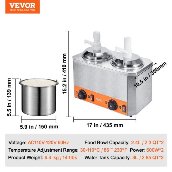 Food Display & Merchandising Equipment | Electric Cheese Dispenser with Pumps, 2.3×2 Qt Commercial Hot Fudge Warmer, Plastic Double Pumps Dispenser, 86-230℉ Temp Adjustable Nacho Cheese Sauce Warmer, for Hot Fudge Cheese Caramel Food Display & Merchandising Equipment Food Display & Merchandising Equipment