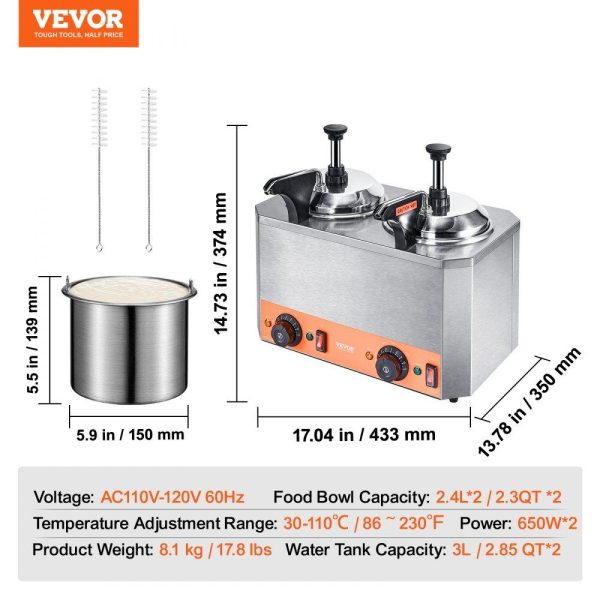 Food Display & Merchandising Equipment | Electric Cheese Dispenser with Pumps, 2.3×2 Qt Commercial Hot Fudge Warmer, Stainless Steel Heated Double Pumps Dispenser, 86-230℉ Temp Adjustable Nacho Cheese Warmer for Fudge Cheese Caramel Food Display & Merchandising Equipment Food Display & Merchandising Equipment