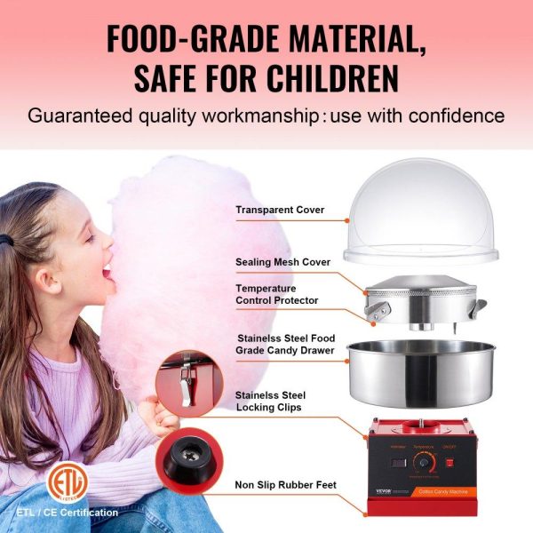 Food Display & Merchandising Equipment | Electric Cotton Candy Machine, 1000W Candy Floss Maker, Commercial Cotton Candy Machine with Cover, Stainless Steel Bowl, and Sugar Scoop, Perfect for Home Kids Birthday, Family Party (Red) Food Display & Merchandising Equipment Food Display & Merchandising Equipment