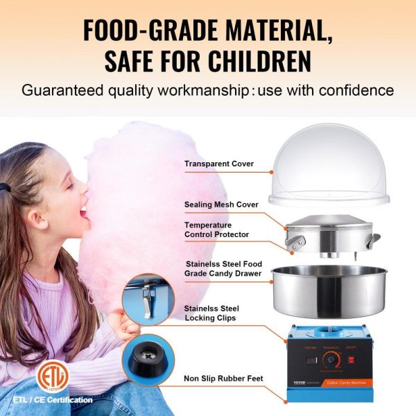 Food Display & Merchandising Equipment | Electric Cotton Candy Machine, 1000W Candy Floss Maker, Commercial Cotton Candy Machine with Cover, Stainless Steel Bowl, and Sugar Scoop, Perfect for Home Kids Birthday, Family Party (Blue) Food Display & Merchandising Equipment Food Display & Merchandising Equipment