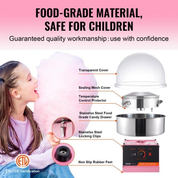 Food Display & Merchandising Equipment | Electric Cotton Candy Machine, 1000W Candy Floss Maker, Commercial Cotton Candy Machine with Cover, Stainless Steel Bowl, and Sugar Scoop, Perfect for Home Kids Birthday, Family Party (Pink) Food Display & Merchandising Equipment Food Display & Merchandising Equipment