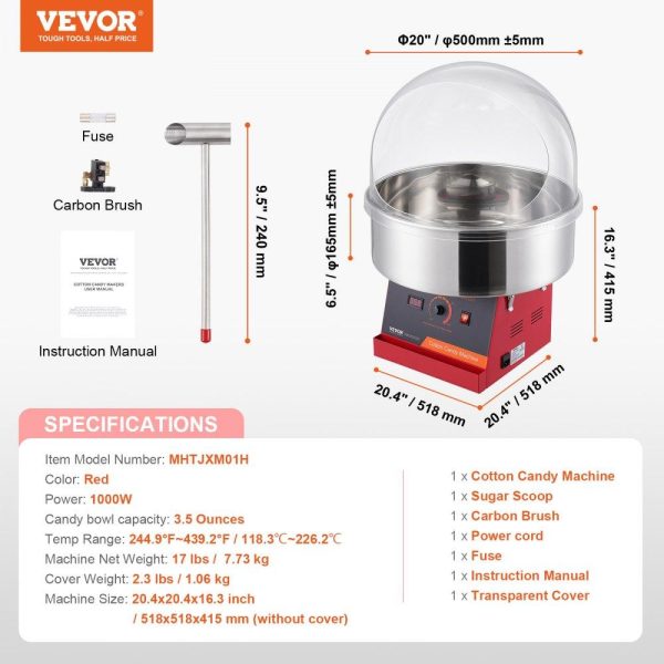 Food Display & Merchandising Equipment | Electric Cotton Candy Machine, 1000W Candy Floss Maker, Commercial Cotton Candy Machine with Cover, Stainless Steel Bowl, and Sugar Scoop, Perfect for Home Kids Birthday, Family Party (Red) Food Display & Merchandising Equipment Food Display & Merchandising Equipment