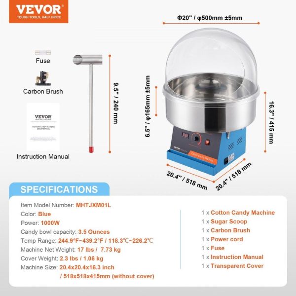 Food Display & Merchandising Equipment | Electric Cotton Candy Machine, 1000W Candy Floss Maker, Commercial Cotton Candy Machine with Cover, Stainless Steel Bowl, and Sugar Scoop, Perfect for Home Kids Birthday, Family Party (Blue) Food Display & Merchandising Equipment Food Display & Merchandising Equipment