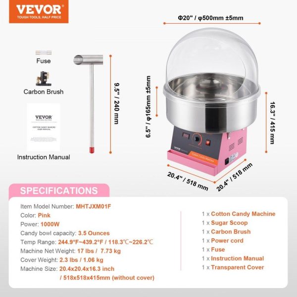 Food Display & Merchandising Equipment | Electric Cotton Candy Machine, 1000W Candy Floss Maker, Commercial Cotton Candy Machine with Cover, Stainless Steel Bowl, and Sugar Scoop, Perfect for Home Kids Birthday, Family Party (Pink) Food Display & Merchandising Equipment Food Display & Merchandising Equipment