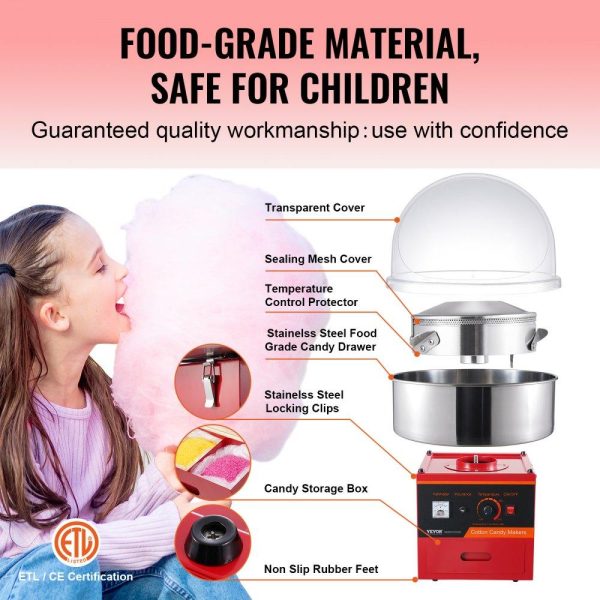 Food Display & Merchandising Equipment | Electric Cotton Candy Machine, 1000W Candy Floss Maker, Commercial Cotton Candy Machine with Cover, Stainless Steel Bowl, Sugar Scoop, Drawer, Perfect for Home Kids Birthday, Family Party, Red Food Display & Merchandising Equipment Food Display & Merchandising Equipment