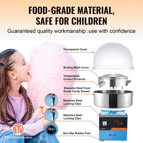 Food Display & Merchandising Equipment | Electric Cotton Candy Machine, 1000W Candy Floss Maker, Commercial Cotton Candy Machine with Cover, Stainless Steel Bowl, Sugar Scoop, Drawer, Perfect for Home Kids Birthday, Family Party, Blue Food Display & Merchandising Equipment Food Display & Merchandising Equipment