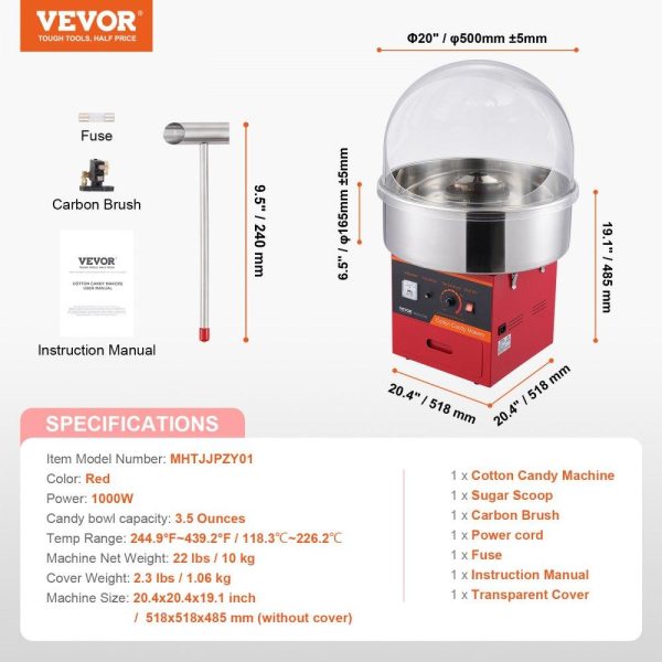 Food Display & Merchandising Equipment | Electric Cotton Candy Machine, 1000W Candy Floss Maker, Commercial Cotton Candy Machine with Cover, Stainless Steel Bowl, Sugar Scoop, Drawer, Perfect for Home Kids Birthday, Family Party, Red Food Display & Merchandising Equipment Food Display & Merchandising Equipment