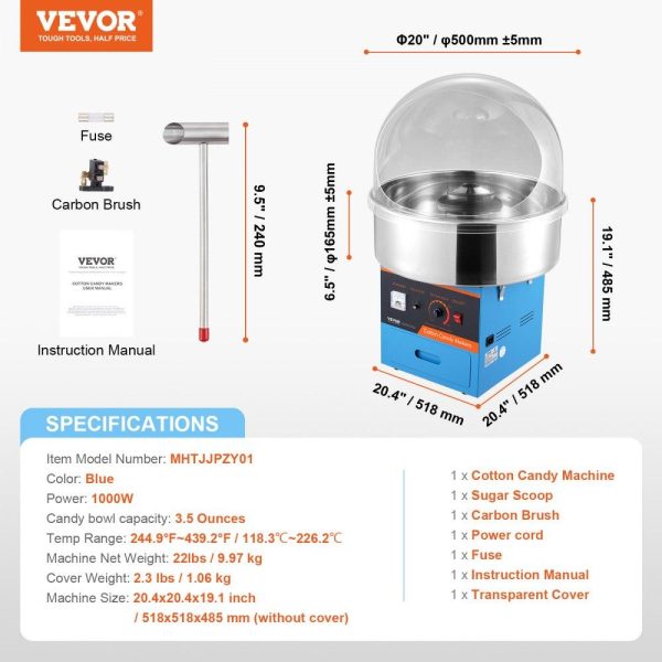 Food Display & Merchandising Equipment | Electric Cotton Candy Machine, 1000W Candy Floss Maker, Commercial Cotton Candy Machine with Cover, Stainless Steel Bowl, Sugar Scoop, Drawer, Perfect for Home Kids Birthday, Family Party, Blue Food Display & Merchandising Equipment Food Display & Merchandising Equipment