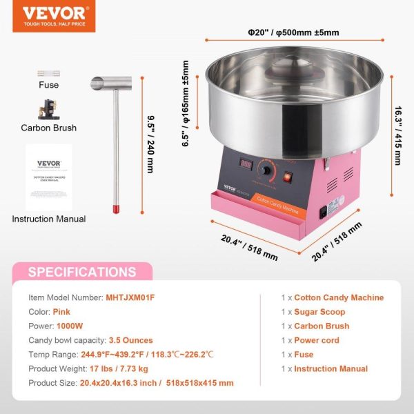 Food Display & Merchandising Equipment | Electric Cotton Candy Machine, 1000W Candy Floss Maker, Commercial Cotton Candy Machine with Stainless Steel Bowl, and Sugar Scoop, Perfect for Home Kids Birthday, Family Party (Pink) Pink Food Display & Merchandising Equipment Food Display & Merchandising Equipment