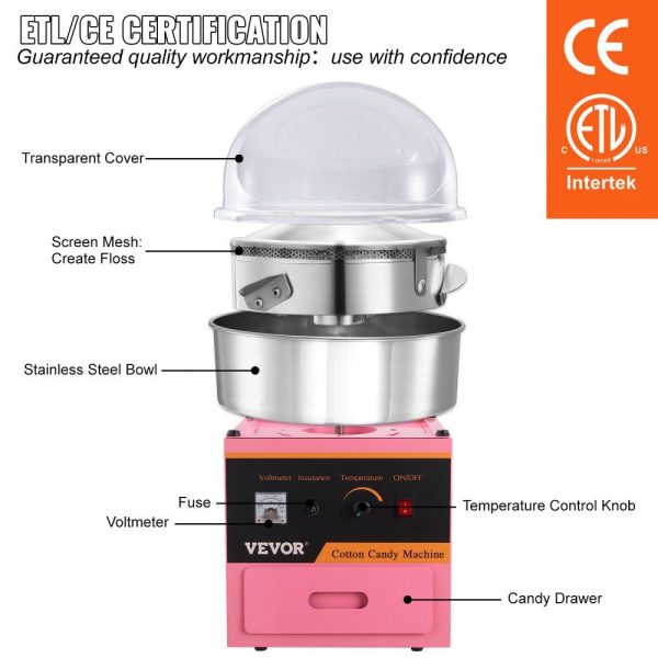 Food Display & Merchandising Equipment | Electric Cotton Candy Machine, 1000W Candy Floss Maker, Commercial Cotton Candy Machine with Stainless Steel Bowl, Sugar Scoop, and Cover, Perfect for Home Kids Birthday, Family Party Pink Food Display & Merchandising Equipment Food Display & Merchandising Equipment