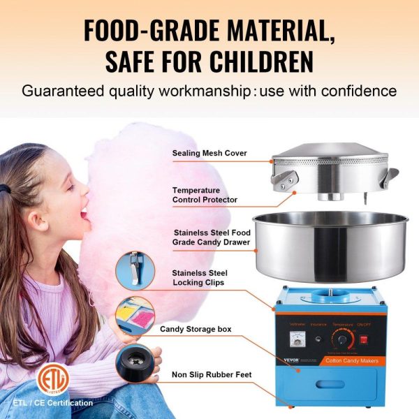 Food Display & Merchandising Equipment | Electric Cotton Candy Machine, 1000W Candy Floss Maker, Commercial Cotton Candy Machine with Stainless Steel Bowl, Sugar Scoop, and Drawer, Perfect for Home Kids Birthday, Family Party, Blue Blue Food Display & Merchandising Equipment Blue