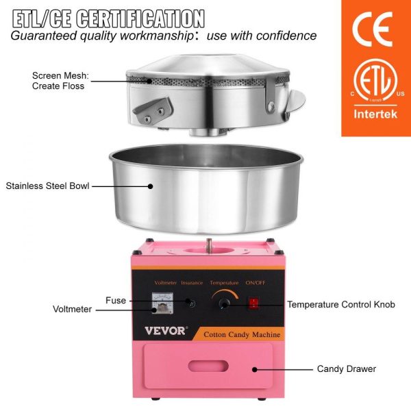 Food Display & Merchandising Equipment | Electric Cotton Candy Machine, 1000W Candy Floss Maker, Commercial Cotton Candy Machine with Stainless Steel Bowl, Sugar Scoop, and Drawer, Perfect for Home Kids Birthday, Family Party Pink Pink Food Display & Merchandising Equipment Food Display & Merchandising Equipment