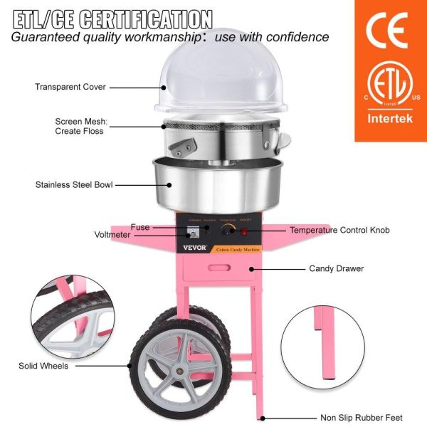 Food Display & Merchandising Equipment | Electric Cotton Candy Machine Cart with Bubble Cover Shield, 1000W Commercial Floss Maker with Stainless Steel Bowl, Sugar Scoop and Drawer, Perfect for Home, Kids Birthday, Family Party, Pink Food Display & Merchandising Equipment Food Display & Merchandising Equipment