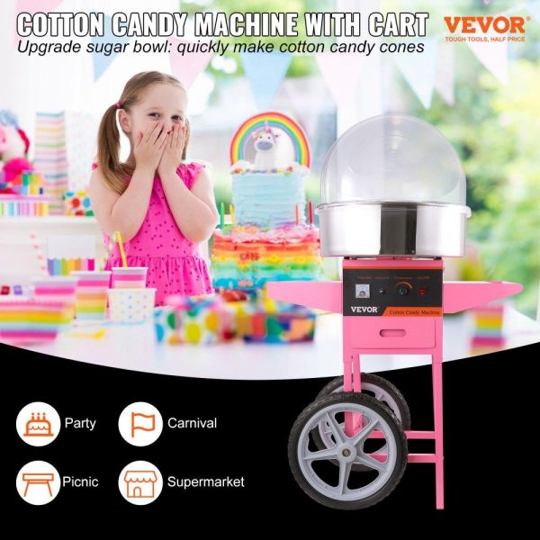 Food Display & Merchandising Equipment | Electric Cotton Candy Machine Cart with Bubble Cover Shield, 1000W Commercial Floss Maker with Stainless Steel Bowl, Sugar Scoop and Drawer, Perfect for Home, Kids Birthday, Family Party, Pink Food Display & Merchandising Equipment Food Display & Merchandising Equipment