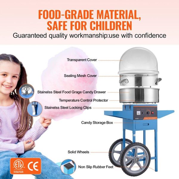 Food Display & Merchandising Equipment | Electric Cotton Candy Machine with Cart, 1000W Commercial Candy Floss Maker with Cover, Stainless Steel Bowl, Sugar Scoop and Drawer, Perfect for Home, Kids Birthday, Family Party, Blue Food Display & Merchandising Equipment Food Display & Merchandising Equipment