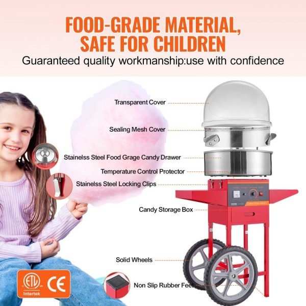 Food Display & Merchandising Equipment | Electric Cotton Candy Machine with Cart, 1000W Commercial Candy Floss Maker with Cover, Stainless Steel Bowl, Sugar Scoop and Drawer, Perfect for Home, Kids Birthday, Family Party, Red Food Display & Merchandising Equipment Food Display & Merchandising Equipment