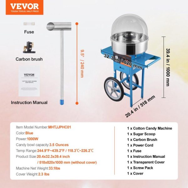 Food Display & Merchandising Equipment | Electric Cotton Candy Machine with Cart, 1000W Commercial Candy Floss Maker with Cover, Stainless Steel Bowl, Sugar Scoop and Drawer, Perfect for Home, Kids Birthday, Family Party, Blue Food Display & Merchandising Equipment Food Display & Merchandising Equipment