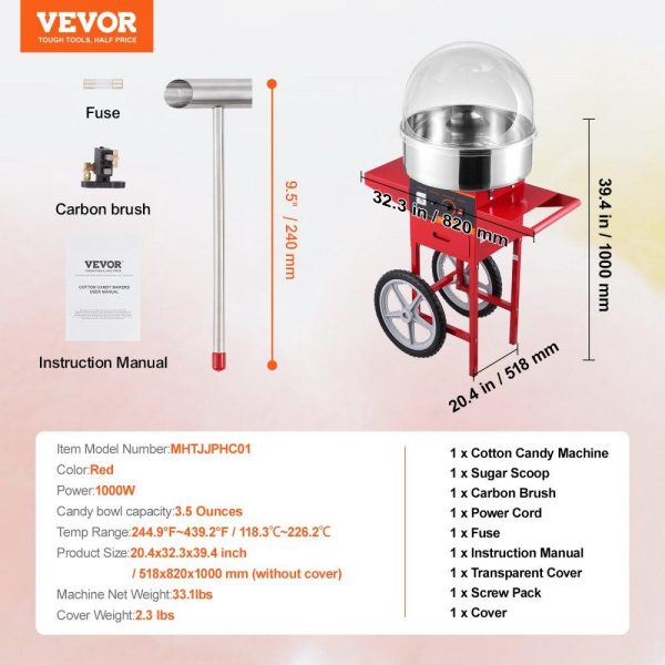 Food Display & Merchandising Equipment | Electric Cotton Candy Machine with Cart, 1000W Commercial Candy Floss Maker with Cover, Stainless Steel Bowl, Sugar Scoop and Drawer, Perfect for Home, Kids Birthday, Family Party, Red Food Display & Merchandising Equipment Food Display & Merchandising Equipment