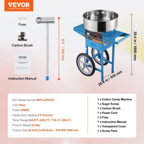 Food Display & Merchandising Equipment | Electric Cotton Candy Machine with Cart, 1000W Commercial Candy Floss Maker with Stainless Steel Bowl, Sugar Scoop and Drawer, Perfect for Home, Kids Birthday, Family Party, Blue Blue Food Display & Merchandising Equipment Blue