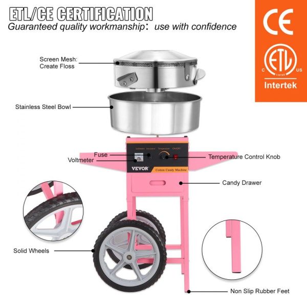 Food Display & Merchandising Equipment | Electric Cotton Candy Machine with Cart, 1000W Commercial Floss Maker with Stainless Steel Bowl, Sugar Scoop and Drawer, Perfect for Home, Kids Birthday, Family Party, Pink Pink Food Display & Merchandising Equipment Food Display & Merchandising Equipment