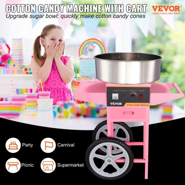 Food Display & Merchandising Equipment | Electric Cotton Candy Machine with Cart, 1000W Commercial Floss Maker with Stainless Steel Bowl, Sugar Scoop and Drawer, Perfect for Home, Kids Birthday, Family Party, Pink Pink Food Display & Merchandising Equipment Food Display & Merchandising Equipment