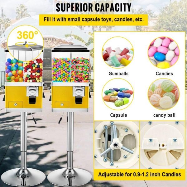 Food Display & Merchandising Equipment | Gumball Machine with Stand, Yellow Quarter Candy Dispenser, Rotatable Four Compartments Square Candy Vending Machine, PC & Iron Large Gumball Bank Adjustable Dispenser Wheels for 1″ Gumballs Food Display & Merchandising Equipment Food Display & Merchandising Equipment