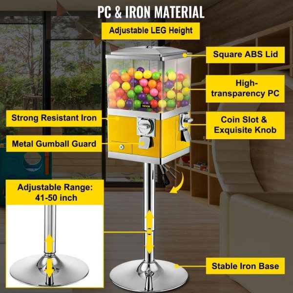 Food Display & Merchandising Equipment | Gumball Machine with Stand, Yellow Quarter Candy Dispenser, Rotatable Four Compartments Square Candy Vending Machine, PC & Iron Large Gumball Bank Adjustable Dispenser Wheels for 1″ Gumballs Food Display & Merchandising Equipment Food Display & Merchandising Equipment