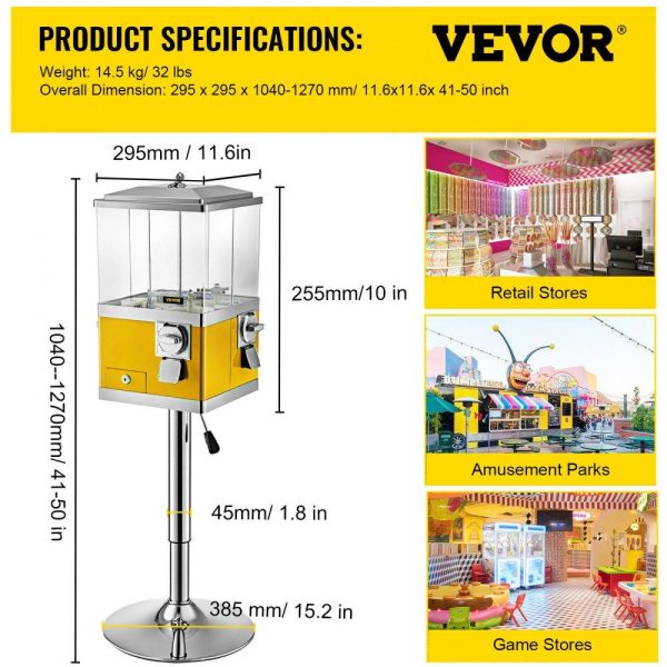 Food Display & Merchandising Equipment | Gumball Machine with Stand, Yellow Quarter Candy Dispenser, Rotatable Four Compartments Square Candy Vending Machine, PC & Iron Large Gumball Bank Adjustable Dispenser Wheels for 1″ Gumballs Food Display & Merchandising Equipment Food Display & Merchandising Equipment