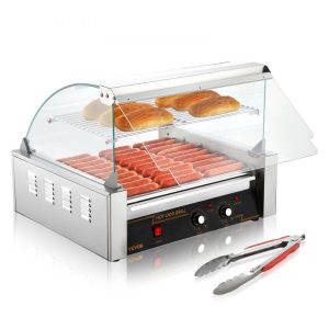 Food Display & Merchandising Equipment | Hot Dog Roller, 11 Rollers 30 Hot Dogs Capacity, 1650W Stainless Sausage Grill Cooker Machine with Dual Temp Control Glass Hood Acrylic Cover Bun Warmer Shelf Removable Drip Tray, ETL Certified Food Display & Merchandising Equipment Food Display & Merchandising Equipment