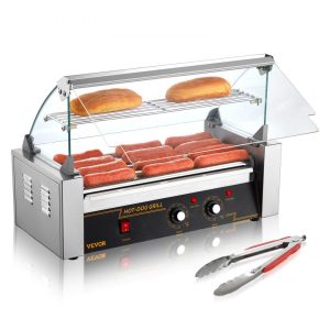 Food Display & Merchandising Equipment | Hot Dog Roller 5 Rollers 12 Hot Dogs Capacity, 750W Stainless Sausage Grill Cooker Machine with Dual Temp Control Glass Hood Acrylic Cover Bun Warmer Shelf Removable Oil Drip Tray ETL Certified Food Display & Merchandising Equipment Food Display & Merchandising Equipment