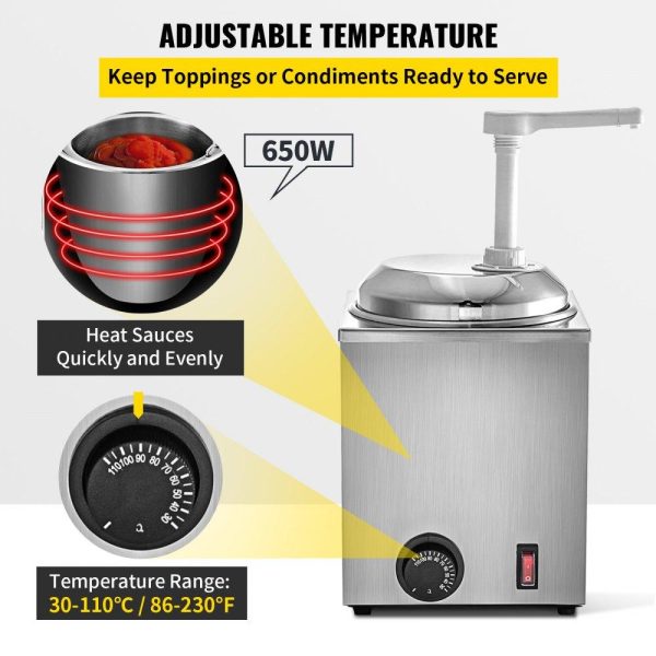 Food Display & Merchandising Equipment | Hot Fudge Warmer with Pump, 2.6 Qt Hot Fudge Dispenser, 650 W Cheese Warmer Dispenser, Stainless Steel Hot Cheese Dispenser, Single Head Cheese Dispenser Machine for Hot Fudge Cheese Caramel Food Display & Merchandising Equipment Food Display & Merchandising Equipment