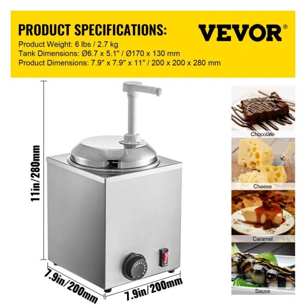 Food Display & Merchandising Equipment | Hot Fudge Warmer with Pump, 2.6 Qt Hot Fudge Dispenser, 650 W Cheese Warmer Dispenser, Stainless Steel Hot Cheese Dispenser, Single Head Cheese Dispenser Machine for Hot Fudge Cheese Caramel Food Display & Merchandising Equipment Food Display & Merchandising Equipment