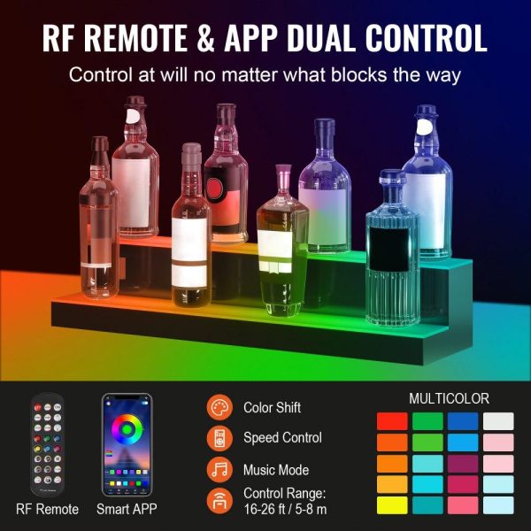 Food Display & Merchandising Equipment | LED Lighted Liquor Bottle Display, 2 Tiers 30 Inches, Illuminated Home Bar Shelf with RF Remote & App Control 7 Static Colors 1-4 H Timing, Acrylic Drinks Lighting Shelf for Holding 16 Bottles Food Display & Merchandising Equipment Food Display & Merchandising Equipment