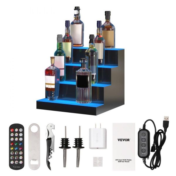 Food Display & Merchandising Equipment | LED Lighted Liquor Bottle Display Bar Shelf RF & App Control 16″ 4-Step Food Display & Merchandising Equipment Food Display & Merchandising Equipment