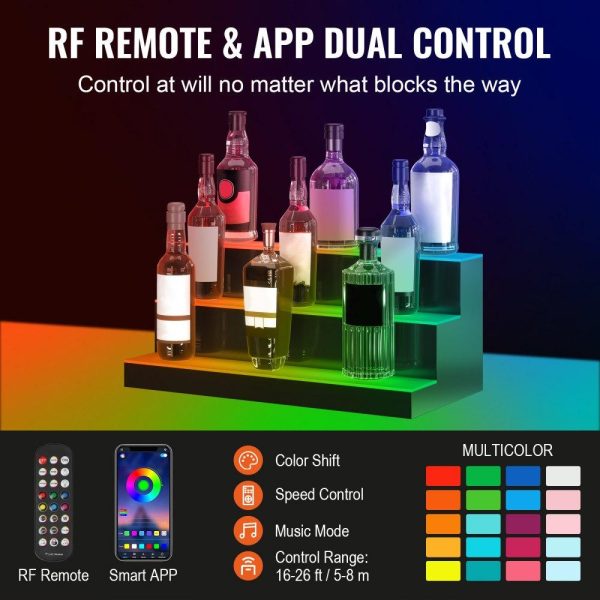 Food Display & Merchandising Equipment | LED Lighted Liquor Bottle Display Bar Shelf RF & App Control 24″ 3-Step Food Display & Merchandising Equipment Food Display & Merchandising Equipment