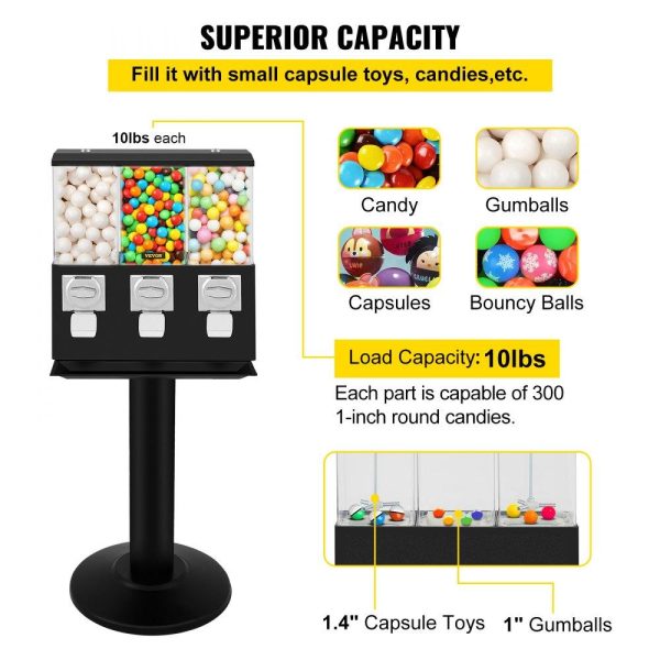 Food Display & Merchandising Equipment | Triple Head Candy Vending Machine, 1-inch Gumball Vending Machine, Commercial Gumball Vending Machine with Stand and Adjustable Candy Outlet Size, Candy Vending Machine for Home, Gaming Stores Black Food Display & Merchandising Equipment Black