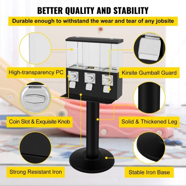 Food Display & Merchandising Equipment | Triple Head Candy Vending Machine, 1-inch Gumball Vending Machine, Commercial Gumball Vending Machine with Stand and Adjustable Candy Outlet Size, Candy Vending Machine for Home, Gaming Stores Black Food Display & Merchandising Equipment Black