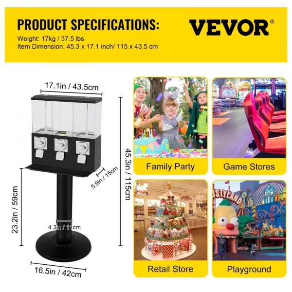 Food Display & Merchandising Equipment | Triple Head Candy Vending Machine, 1-inch Gumball Vending Machine, Commercial Gumball Vending Machine with Stand and Adjustable Candy Outlet Size, Candy Vending Machine for Home, Gaming Stores Black Food Display & Merchandising Equipment Black