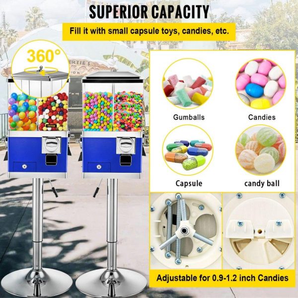 Food Display & Merchandising Equipment | Vending Machine with Stand, Blue Quarter Candy Dispenser, Rotatable Four Compartments Square Candy Vending Machine, PC & Iron Large Gumball Bank Adjustable Dispenser Wheels for 1 inch Gumballs Food Display & Merchandising Equipment Food Display & Merchandising Equipment