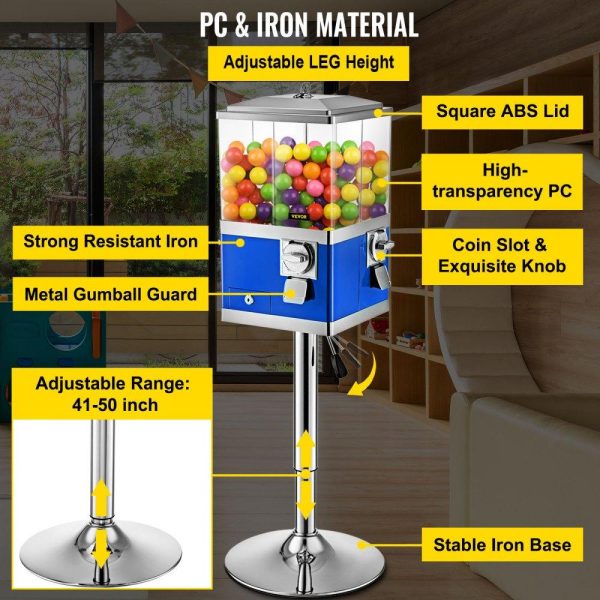 Food Display & Merchandising Equipment | Vending Machine with Stand, Blue Quarter Candy Dispenser, Rotatable Four Compartments Square Candy Vending Machine, PC & Iron Large Gumball Bank Adjustable Dispenser Wheels for 1 inch Gumballs Food Display & Merchandising Equipment Food Display & Merchandising Equipment