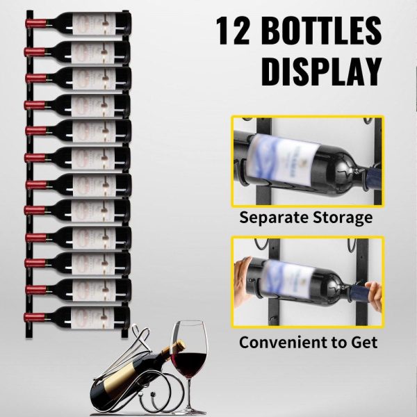 Food Display & Merchandising Equipment | Wall Mounted Wine Rack, 12 Bottles Wine Holder Towel Rack, Black Steel Vertical Wine Rack, Modern Decorative Wall Mounted Wine Bottle Holder, Forward Design Simple Storage Wall Rack 48x6x1 In Food Display & Merchandising Equipment Food Display & Merchandising Equipment