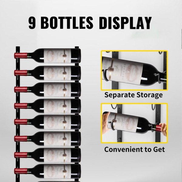 Food Display & Merchandising Equipment | Wall Mounted Wine Rack, 9 Bottles Wine Holder Towel Rack, Black Steel Vertical Wine Rack, Modern Decorative Wall Mounted Wine Bottle Holder, Forward Design Simple Storage Wall Rack 35 x 6 x 1 In Food Display & Merchandising Equipment Food Display & Merchandising Equipment